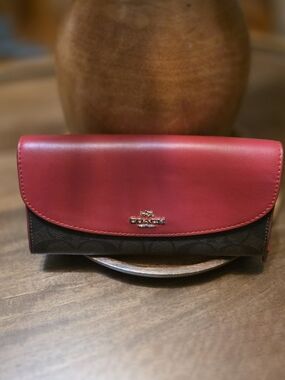 Coach Two-Tone Red and Brown Leather Clutch